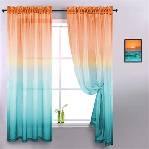 Orange Blue Linen Sheer Curtains for Bedroom Living Room Gradient Semi Voile Drapes Window Curtain Rod Pocket for Princess Room