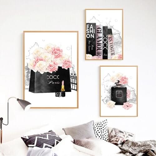 Fashion Books Perfume Bottle Canvas Posters Print Girl Gift Luxury Wall Art Painting Fashion Decoration Picture Woman Room Decor
