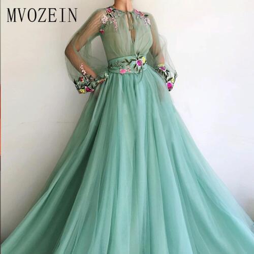 MVOZEIN 2019 Green Evening Dress Tulle A-Line Jewel-Neck Full Sleeves 3D Flower Long Evening Dresses Formal Party Gowns vestidos