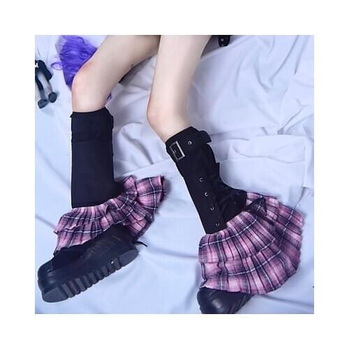New Autumn Winter Punk Gothic Lace-up Harajuku Japanese Leg Warmer Foot Sock Pink Plaid Detachable Leg Cover