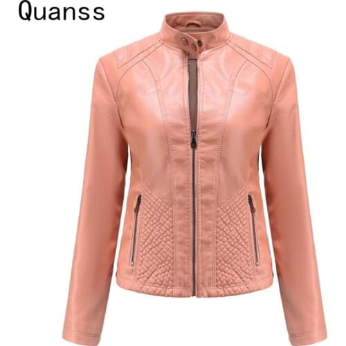 Quanss Autumn Winter Thin Luxury Faux Leather Jackets For Women 2021 Fashion Motorcycle Biker Jacket Coats Female Casual Outwear
