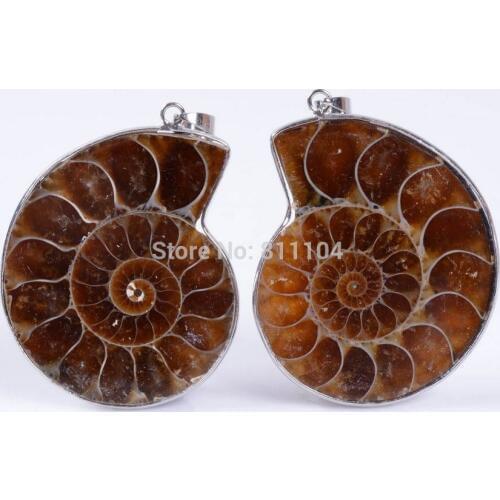 40mm - 45mm Metal Wrapped Natural Ammonite shell stone Pendant Bead 10 Pairs/Lot wholesale