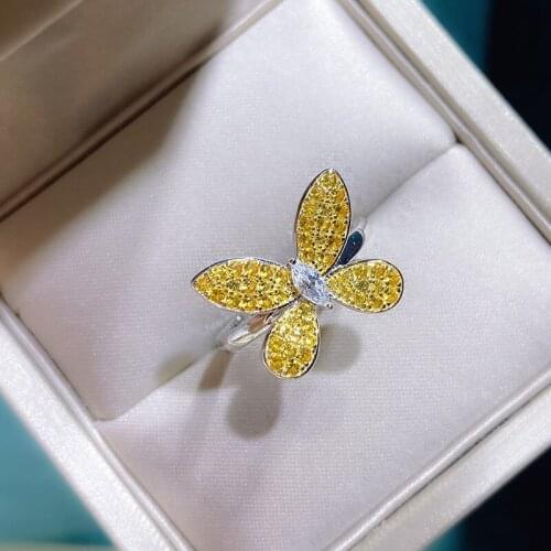 Luxury 100% 925 Sterling Silver Butterfly Design Citrine Gemstone Rings For Women Fine Jewelry