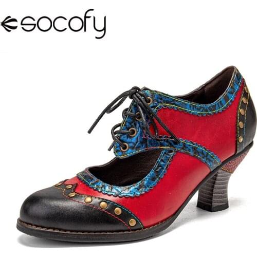 SOCOFY Women Splicing Color Pumps Shoes Block Rivet Leather Lace Up Comfy Round Toe Casual Outdoor Hollow Out Heels Pumps
