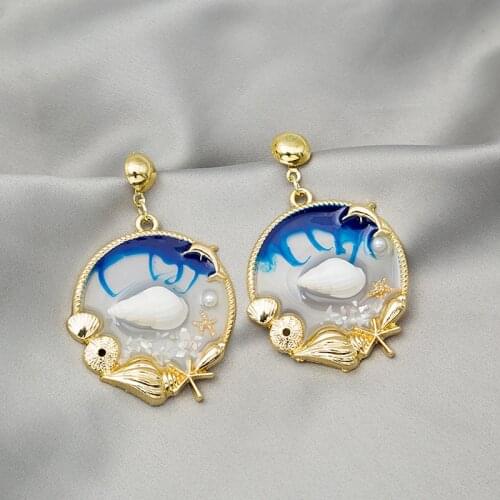 U-Magical Summer Ocean Breeze Blue Shell Conch Starfish Dangle Earrings for Women Gold Dolphin Imitation Pearl Earrings Jewelry