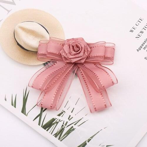 Korean Fashion Fabric Bow Tie Brooches for Women Ribbon Rose Flower Necktie Shirt Collar Pin Wedding Luxulry Jewelry Accessories
