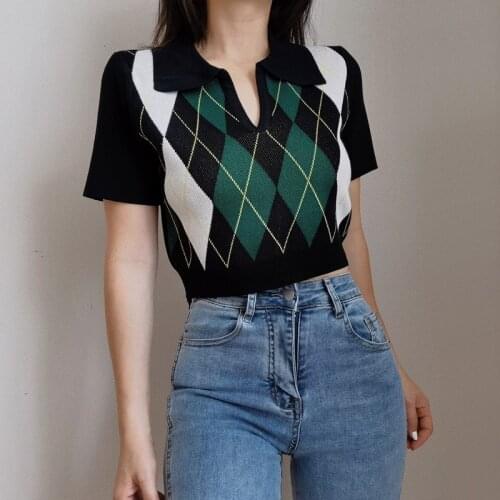 Women Knitted Notch Neck T-shirt In Argyle Pattern A116