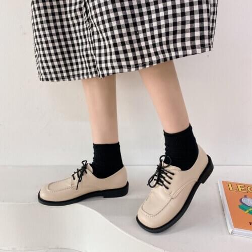 LLOGAI 2021 Spring Womens Oxford Shoes Ballet Shoes Flat Shoes Womens Leather Shoes Moccasins Lace-up Loafers Zapatos De Mujer