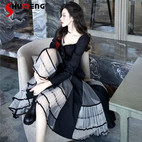 2021 Spring Sexy Square Collar Solid Pleated Long Sleeve Single Breasted Shirt Stitching Gauze Long Mesh Skirt Suit 2 Piece Set
