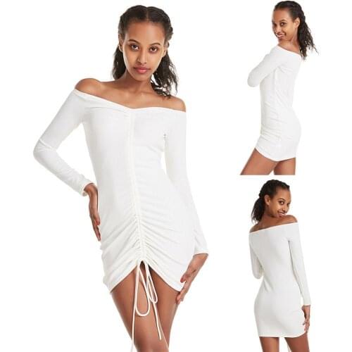Ladies Hot Sexy Robe Long Sleeve Off Shoulder Solid Color Drawstring Bodycon Mini Dress Woman Summer 2021