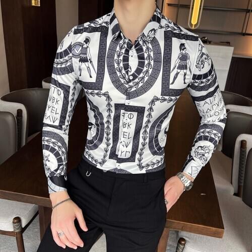2021 Brand Mens Shirts Long Sleeve Slim Casual Shirt Vintage Print Streetwear Social Office Blouse Male Business Dress Shirts