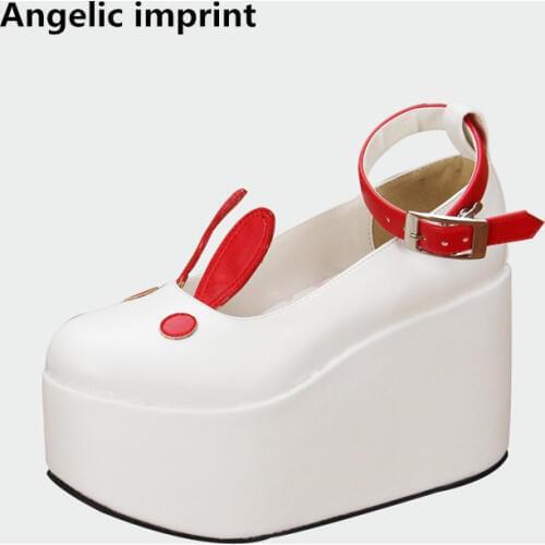 Angelic imprint woman mori girl lolita cosplay shoes lady mid heels wedges pumps women princess dress party shoes rabbit ears 45