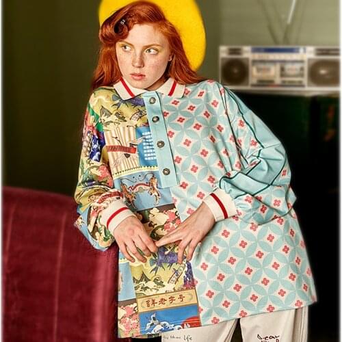 Maxi spring autumn women blouse ladies vintage pattern print casual funny punk streetwear oversized long blouses NS744