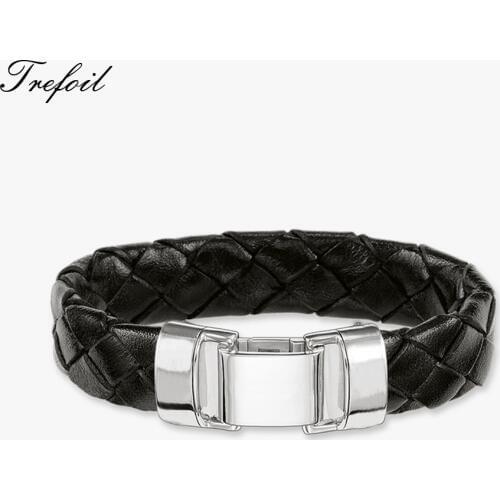 Cuff Bracelet Woven Leather with Spring Crap, 2018 New 925 Sterling Silver Fashion Jewelry Punk Gift for Men Women Bransoletka