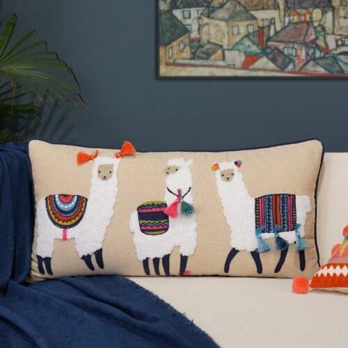 DUNXDECO Cushion Cover Decorative Pillow Case American Style Ethnic Lovely Alpaca Embroidery Waist Coussin Sofa Chair Bedding