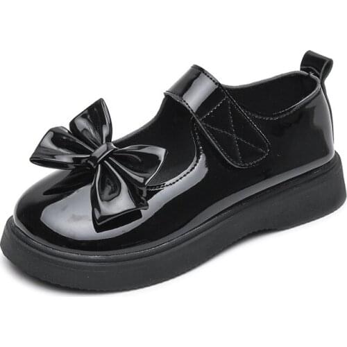 Kid Girls Leather Princess Shoes Autumn Single Shoe Children Bownot Soft Bottom Student Show Shoes Black Pink STQ057