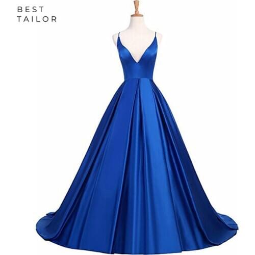 Royal Blue Prom Dresses 2021 Simple Satin Long Deep V-Neck Spaghetti Straps Criss Cross Back A Backless vestido de fiesta largo