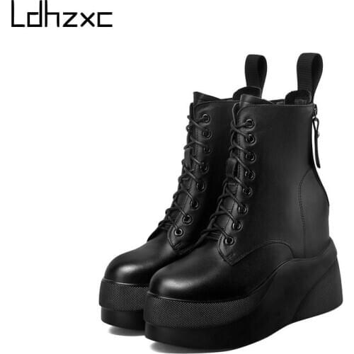 LDHZXC Fashion New Arrive Genuine Leather Women Boots Comfortable Platform High Heel Black with Fur Winter Ankle Boots Black
