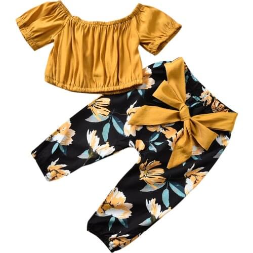 Baby Summer Clothing Toddler Baby Girl Set Yellow Off Shoudler Crop Top Shirt+ Flower Bow Pants Leggings Outfits Set