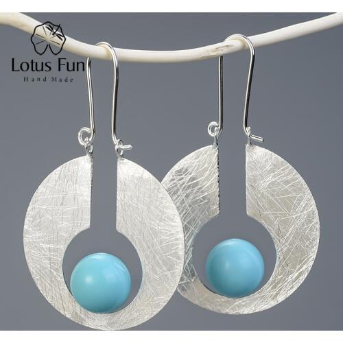 Lotus Fun Real 925 Sterling Silver Natural Creative Handmade Designer Fine Jewelry Bright Round Moon Dangle Earrings for Women