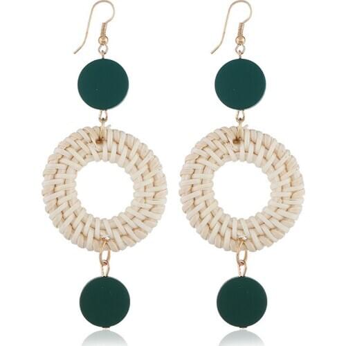 Fashion Creative Handmade Rattan Weaving Hollow Round Water Drop Pendant Earrings Bohemian Ethnic Exquisite Womens Earrings