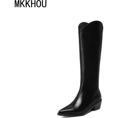 MKKHOU Fashion Knee-Length Boots New Style Genuine Leather Pointed Toe Can Plus Fleece Thick Heel Long Boots Large Size 34-43