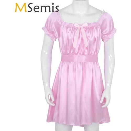 Men Crossdressing Babydoll Lingerie Ruflled Lace Short Sleeve High Low Design Satin Sissy Dress Sexy Male Gay Chemises Nightwear