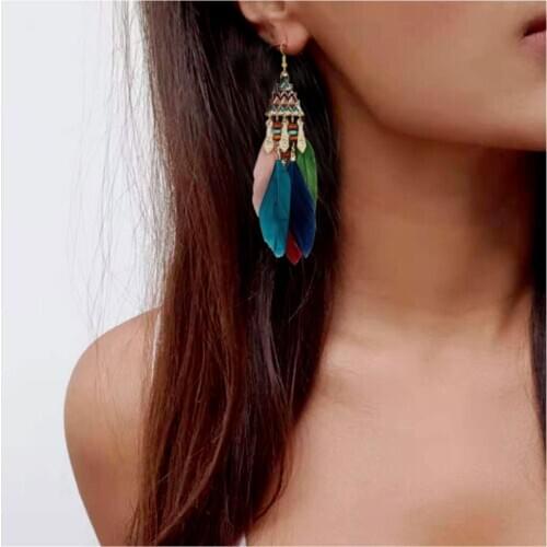 New Golden Silver Color Acrylic Rainbow Beads Feather Tassel Earrings for Women Wild Leaf Wedding Earrings Boho Indian Jewelry