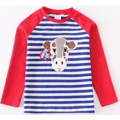 Girlymax Fall winter cotton red navy stripe cow top long sleeve t-shirt baby boys patch raglans boutique kidswear