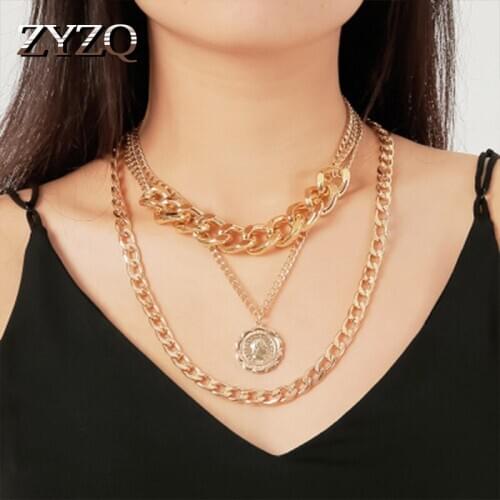 ZYZQ Euro Style Hyperbole Necklace For Women Thick Metal Chain Accessories Cool Personality Layered Necklace With Coin Pendant