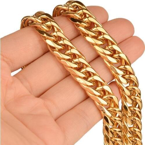 Handmade Gift Fashion 11MM Stainless Steel Gold Cuban Curb Double Link Womens Mens Bracelet Or Necklace 7-40inch Optional