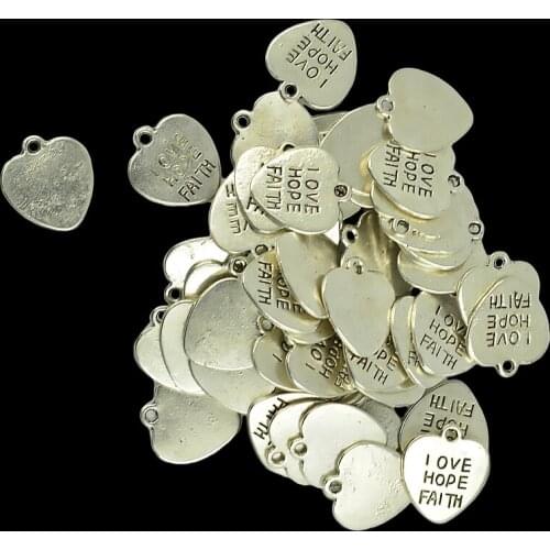 50 Pieces LOVE HOPE FAITH Letter Heart DIY Charms Pendants Antique Silver Color