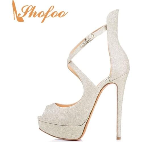 Silver Sequined Cloth High Thin Heels Platform Pumps Woman Corss Ankle Strap Stilettos Lady Party Shoes Large Size 12 16 Shofoo