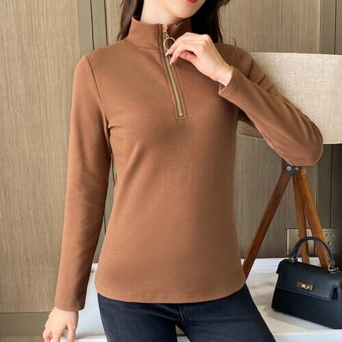 Shintimes Poleras Mujer Half Turtleneck Woman Tshirts 2020 New Fashion Zipper Long Sleeve T Shirt Women Clothing Femme T-Shirts