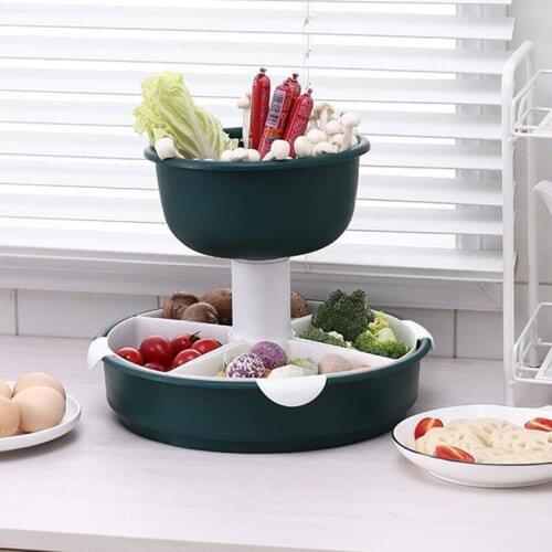 Storage rack for kitchen food hotpot draining strainer colander 2 layers fruit vegetable rotating portion bowls organizer basket