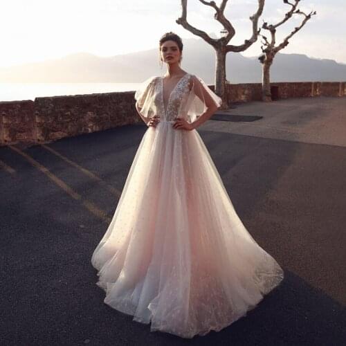 V-neck Betterfuly Sleeves Star Sequin Champagne Wedding Dress Bling Bling Shiny Bridal Dress vestido de novia sencillo