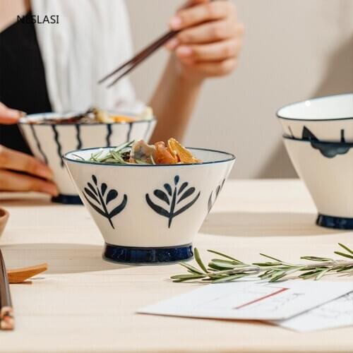 Japanese and Wind Rice Bowl Ceramic Anti-scalding Bowl underglaze hand-painted tableware Household Soup Bowl High-legged