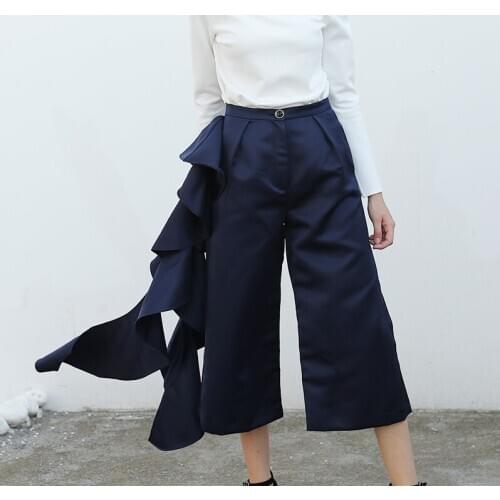 Women Street Fashion Irregular Ribbons Calf Length Pants High Waist Wide Leg Trousers