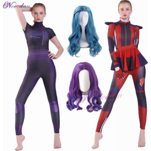 Women Descendants 3 Mal Evie Cosplay Costume Adult Kids Spandex Zentai Bodysuit Suit Jumpsuits Party Halloween Costume Wig Women