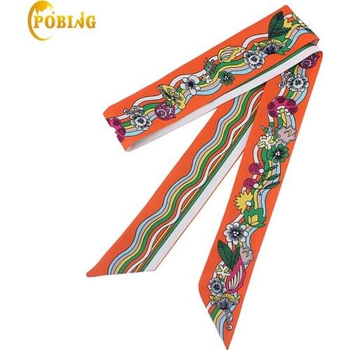 POBING 2018 Wave Pattern Print Women Small Silk Scarf Luxury Brand Bag Ribbons Fashion Head Scarf Hot Sale Long Scarves 120*5CM