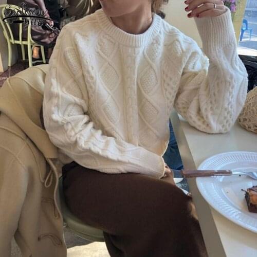 Korean Retro Twist Womens Sweater Knitted Bottoming Shirt Top Female Autumn and Winter New Loose Round Neck Pullover 11955