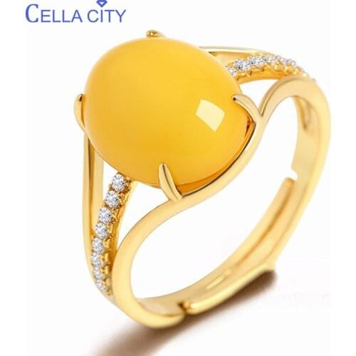 Cellacity Ethnic style Silver 925 Jewelry Big Oval Yellow Amber Ring for Women Gemstones Opening adjustable Anniversary Gift