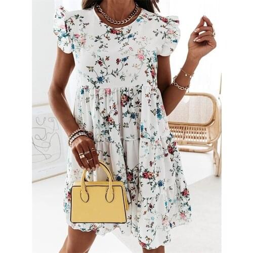 Summer New Floral Dress Elegant Ladies 2021 White Short Lady Bohemian Loose Floral Print Cocktail Dresses Casual O Neck Sundres