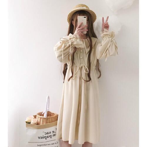 Vintage Style Women Long Sleeve Knee-length Dress Lace&Bandage Trim Cute Women Dress Spring Women Fashion One Piece Sweet Girls