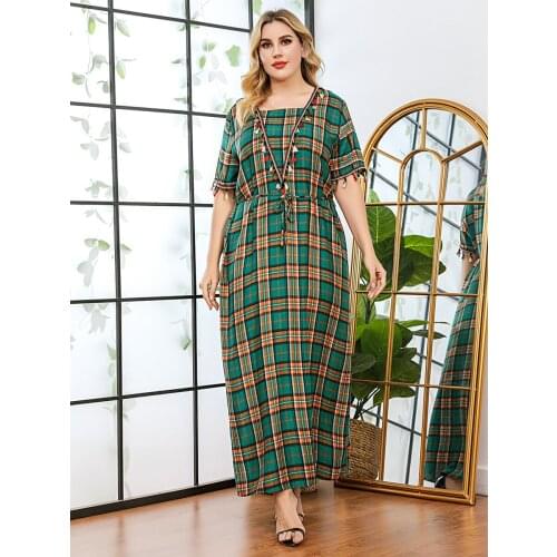 Plus Size Women Casual Dress 2021 Summer Tassel Plaid Print Short Sleeves Square-Cut Collar Belt Draw String Long Dresses A18215