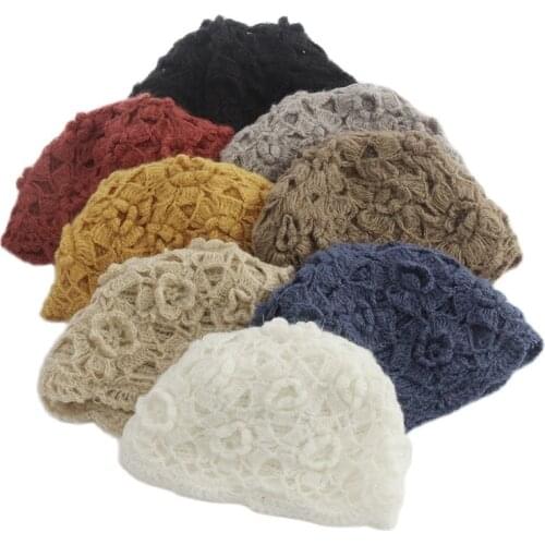 Winter Japenese Warm knitted hat Beanies Caps Handmade Hollow-out design Floral Skullies Soft warm Wool Bucket hat Gorros