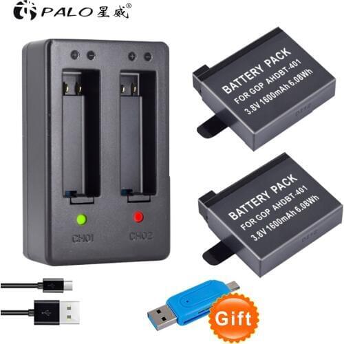 2Pcs HD Hero 4 Camera Battery for Gopro Hero 4 cameras 1600mah 3.8v digital camera batterias +2 slots charger with led display