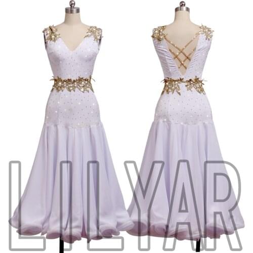 Ballroom Dance Costume Standard costume competition costume performance costume customization adult white Dance Costume gold emb