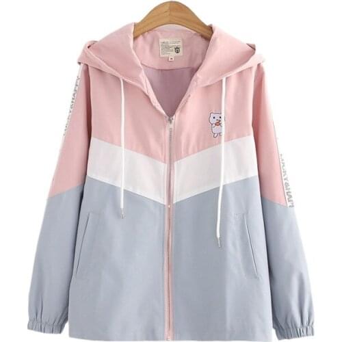 Bear Embroidery Kawaii Women Jackets Zipper Coats 2021 Autumn Long Sleeve Patchwork Cute Sweet Style Hooded Outerwear