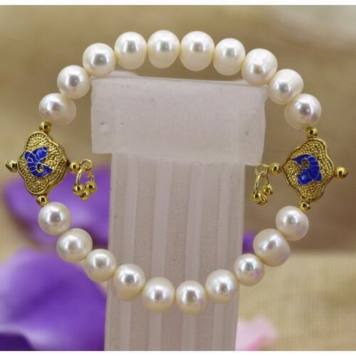 Natural 9-10mm white pearl beads nearround strand beaded bracelet for women gold-color cloisonne hot sale jewelry 7.5inch B3099